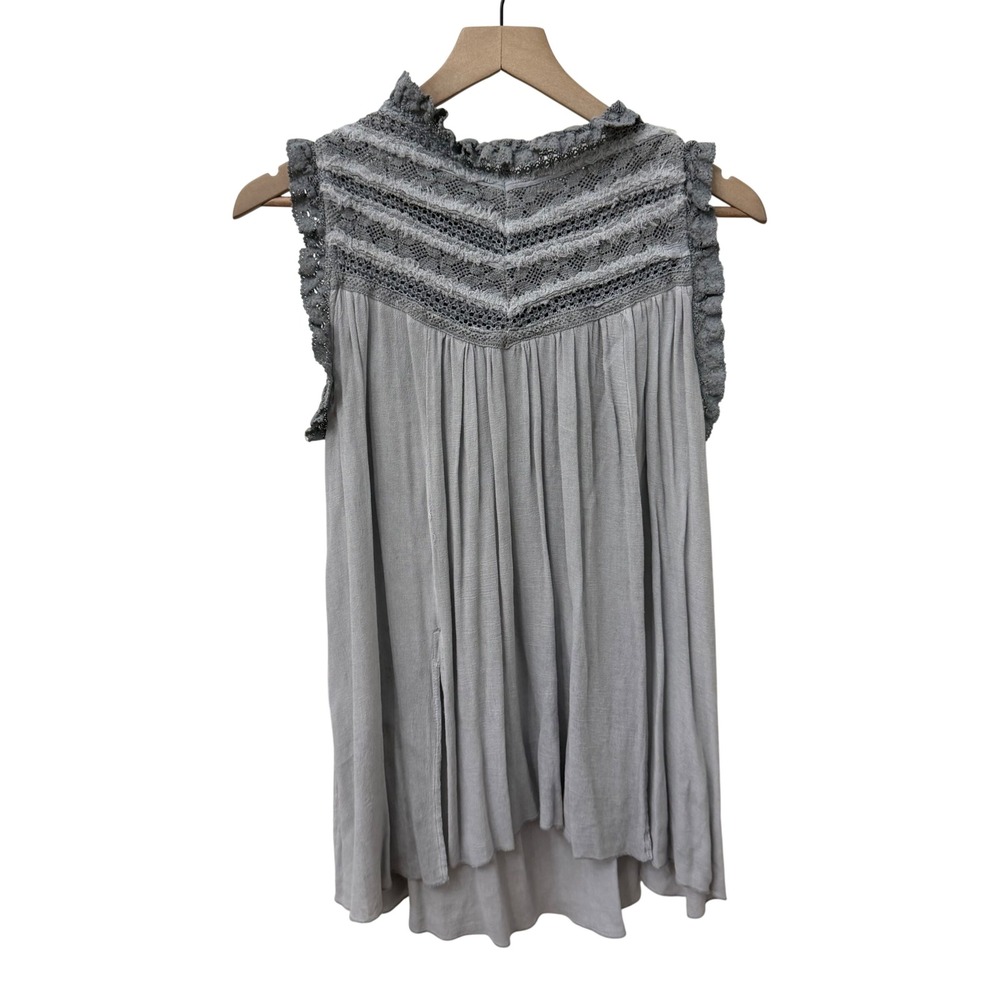 Pol Tunic Top sz Large Gray Crochet Lace Boho Sleeveless High Low